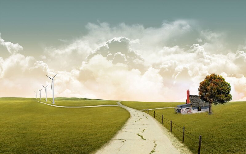Wind turbines on green hills
