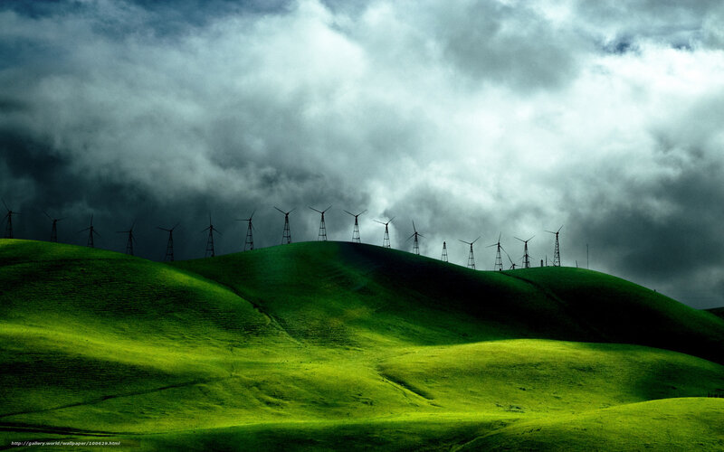 Wind turbines on green hills