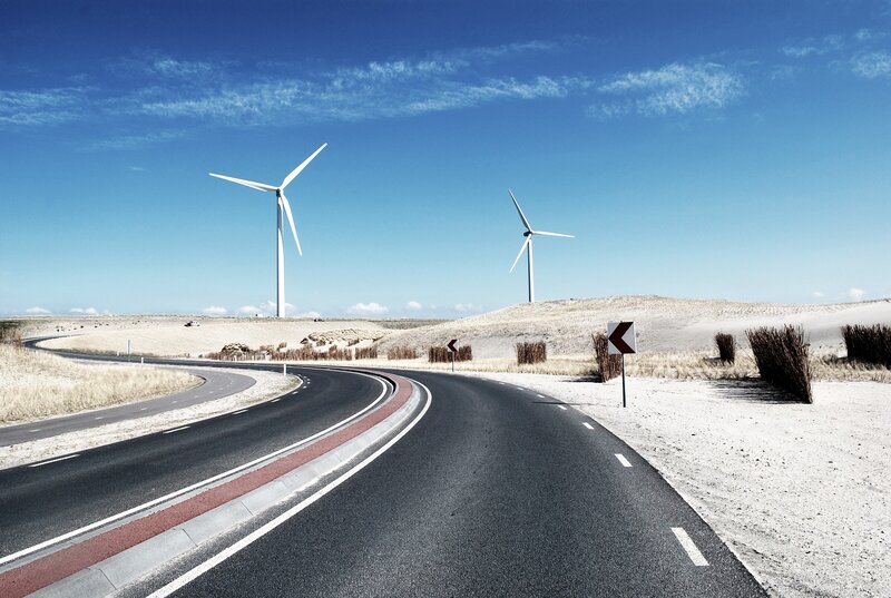 Wind Turbines on Hill — Blue, Serene, Afternoon