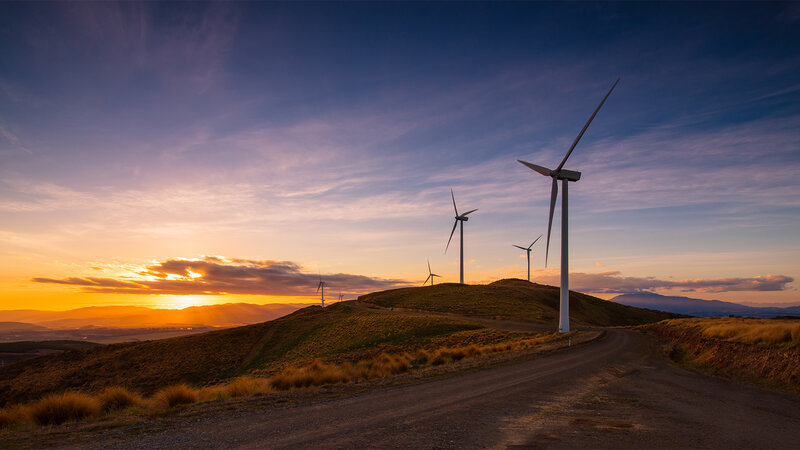 Wind Turbines on Hill — Blue, Serene, Sunset