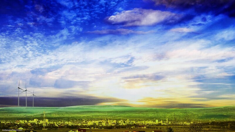 Wind Turbines on Hill — Blue