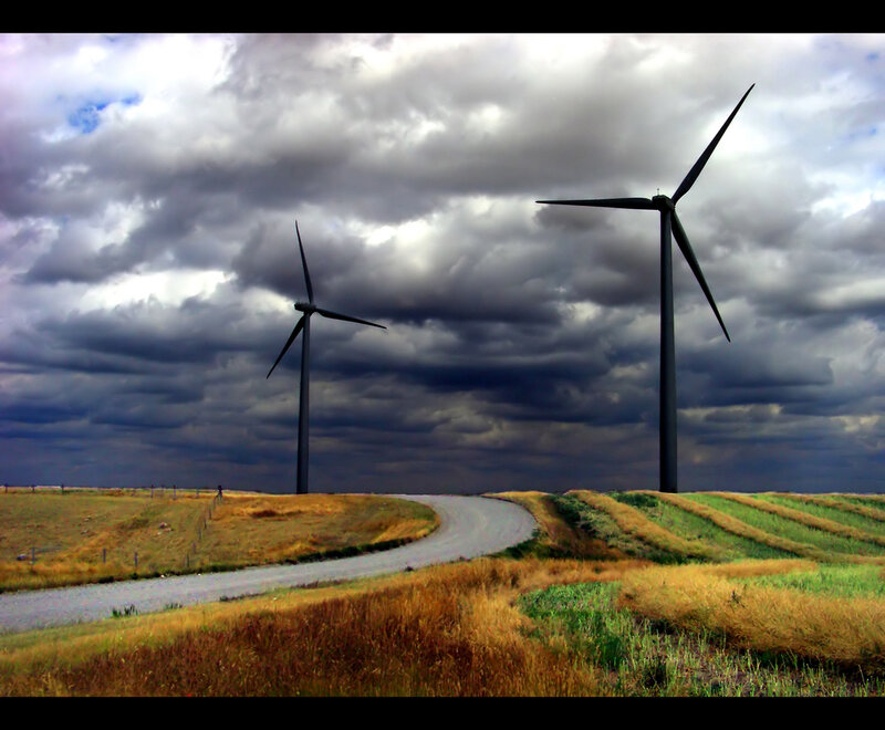 Wind Turbines on Hill — Gray