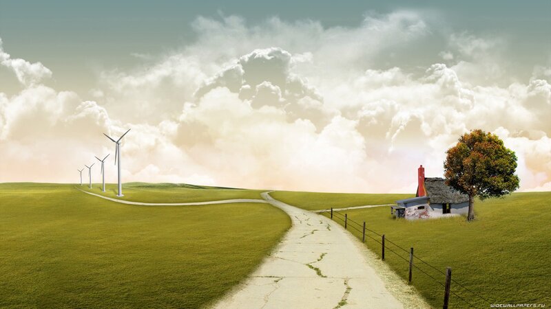 Wind Turbines on Hill — Green, Serene, Afternoon, Digital Art, House, Tree, Road