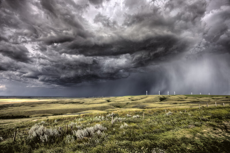 Wind Turbines on Hills — Green, Dramatic, Afternoon