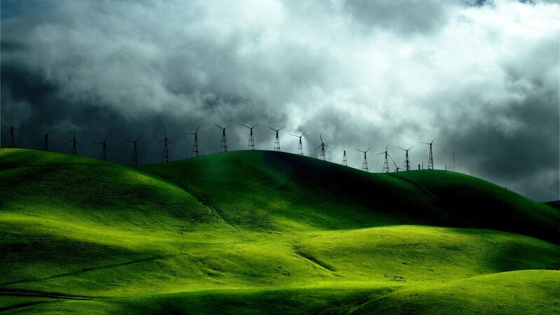 Wind Turbines on Hills — Green, Dramatic, Photograph, Clouds