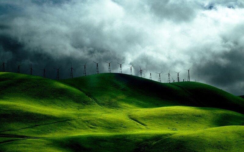 Wind Turbines on Hills — Green, Dramatic, Photograph, Clouds, Wind Turbines