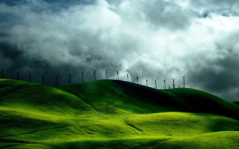 Wind Turbines on Hills — Green, Dramatic