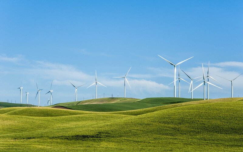 Wind Turbines on Hills — Green, Serene
