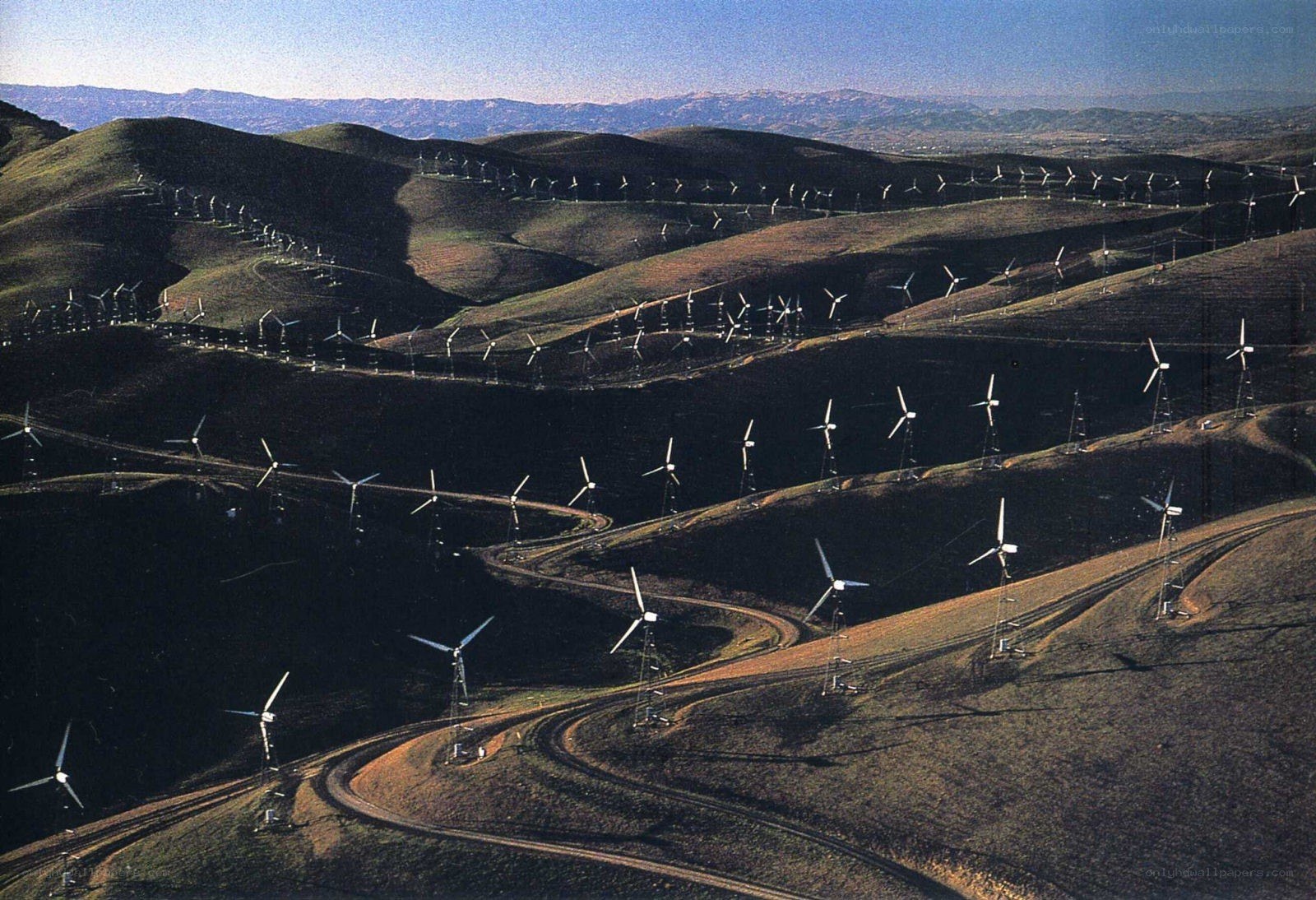 Wind turbines on rolling hills