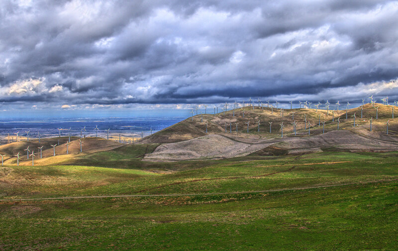 Wind turbines on rolling hills