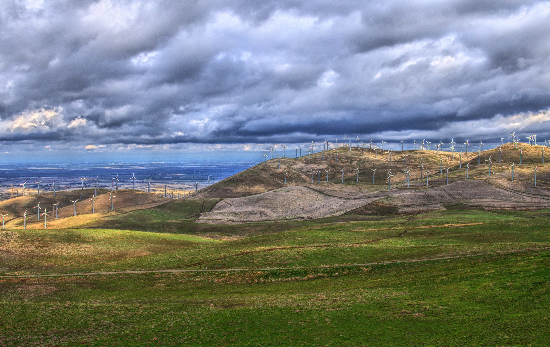 Wind turbines on rolling hills