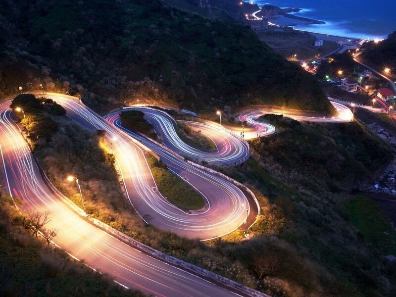 Winding Coastal Road — Blue, Dramatic, Night, Photograph, Lights