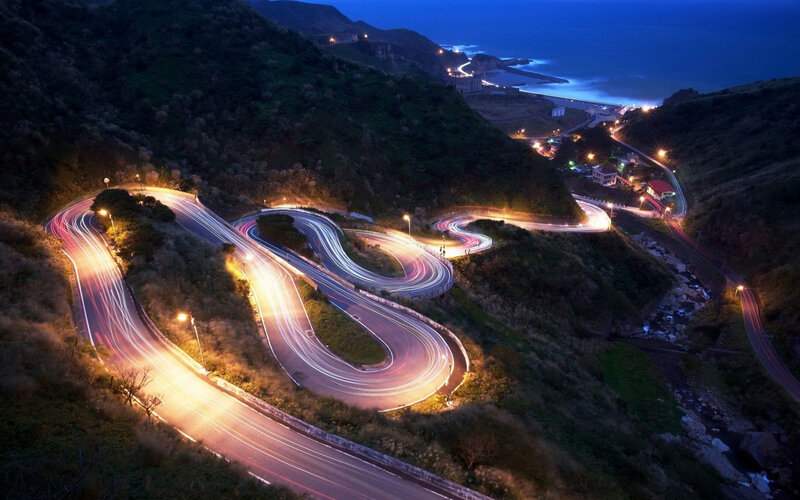 Winding Coastal Road — Blue, Dramatic, Night, Photograph, Mountain, Ocean