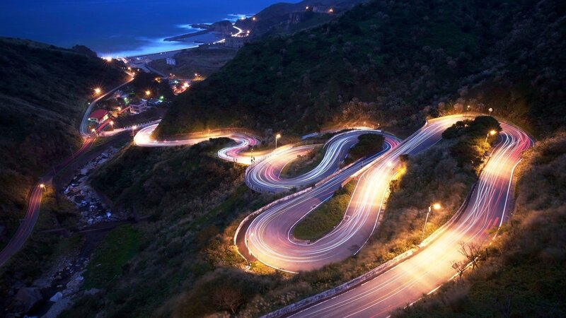 Winding Coastal Road — Blue, Serene, Night, Photograph, Mountain