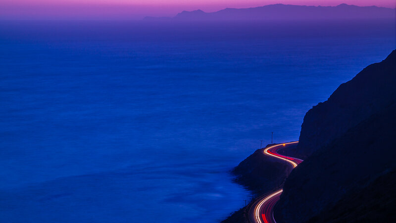 Winding Coastal Road — Blue, Serene, Night