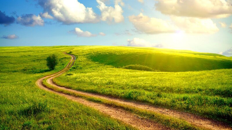 Winding Dirt Path — Green, Serene, Afternoon, Photograph, Green Hills, Clouds, Sunlight