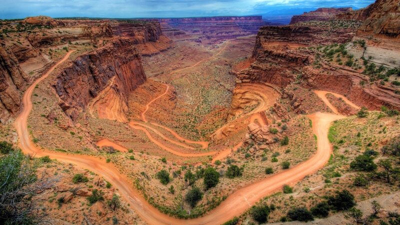 Winding Dirt Road in Canyon — Red, Dramatic, Afternoon