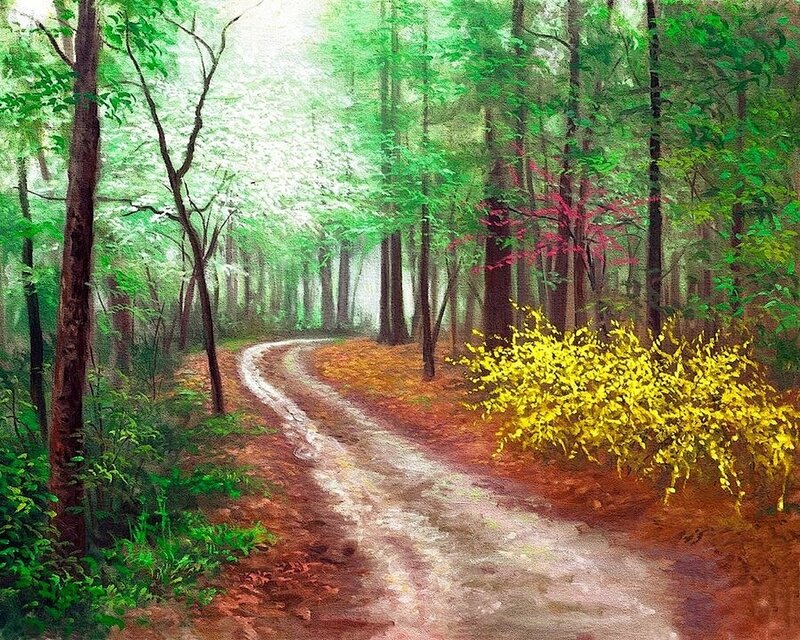 Winding Forest Path — Green, Serene, Spring