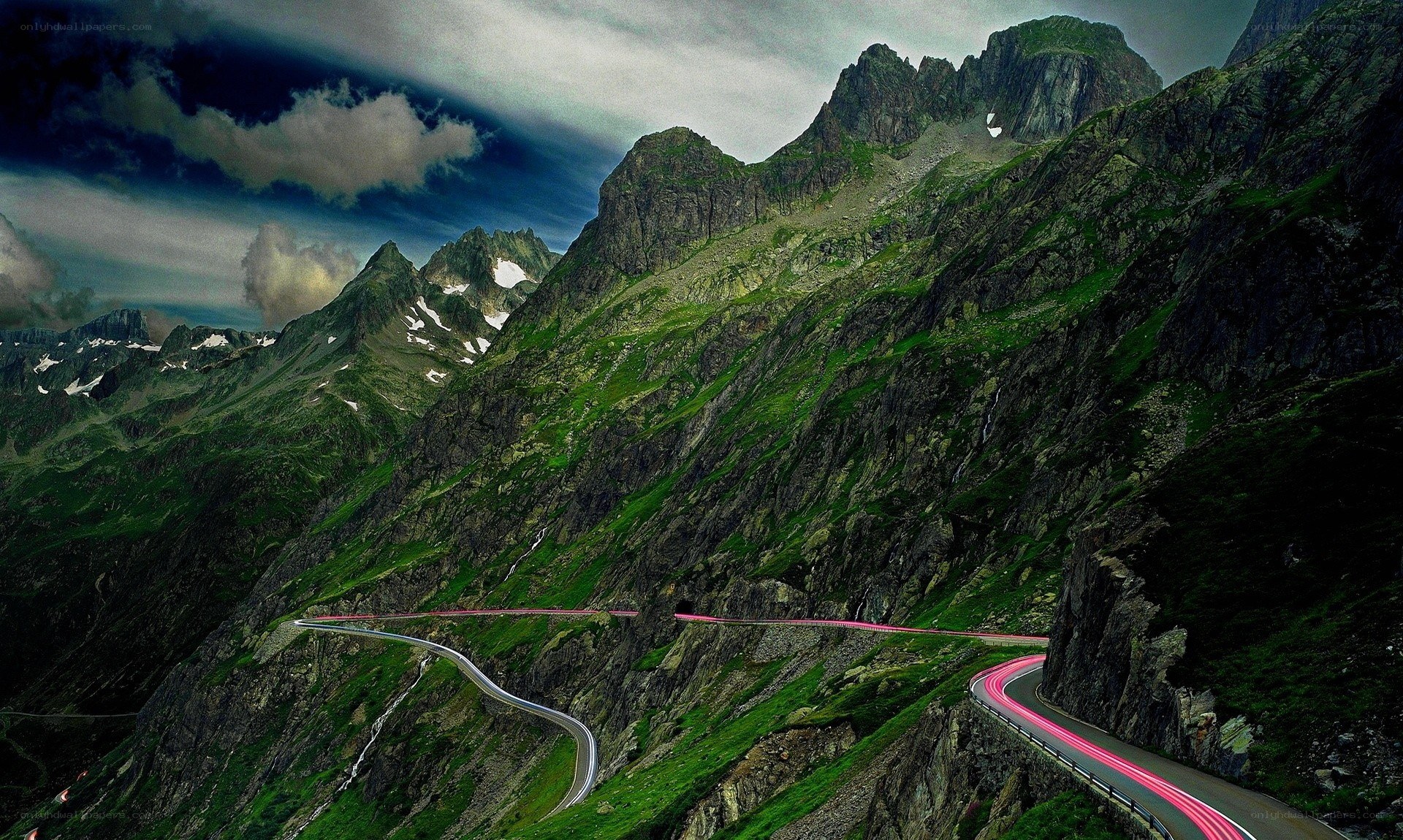 winding mountain road at dusk