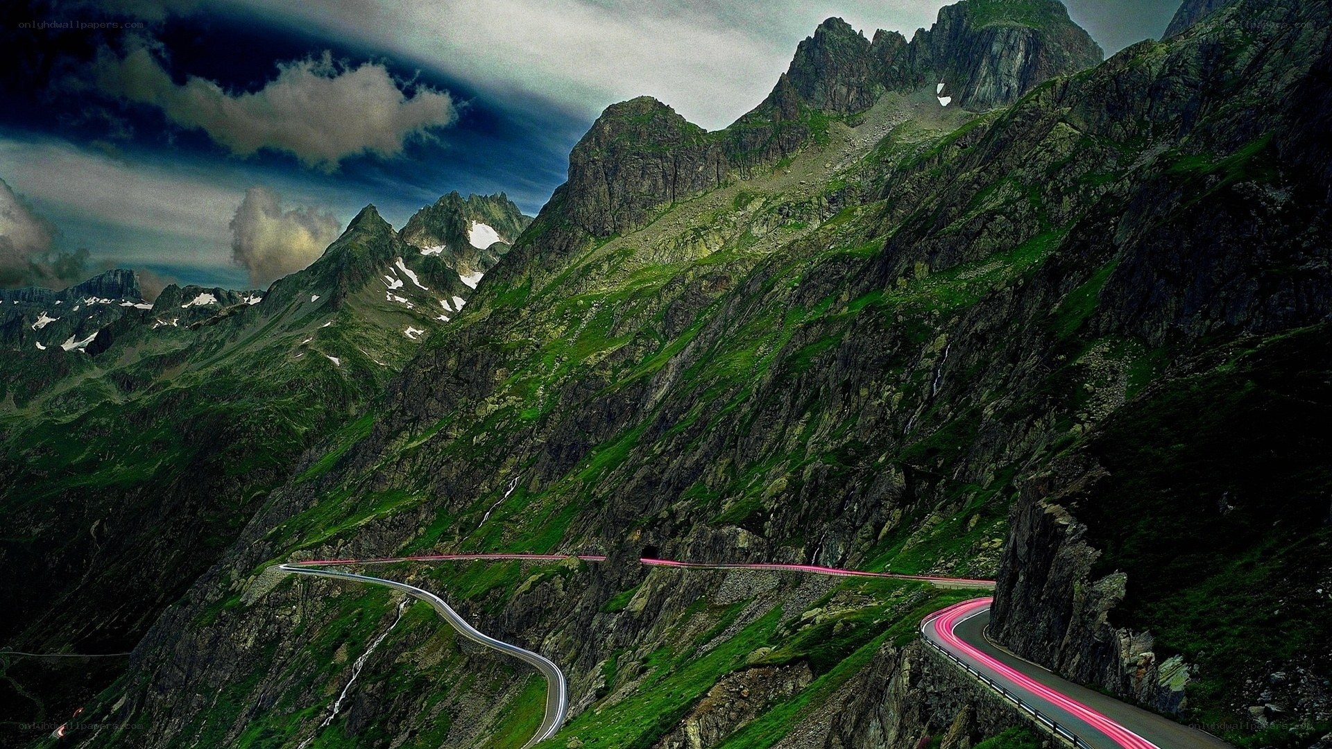 Winding mountain road at dusk