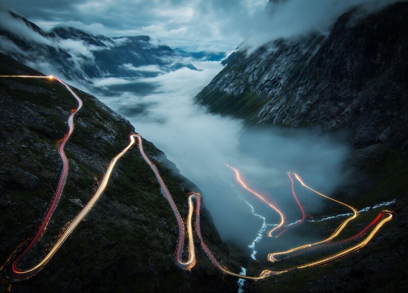 Winding Mountain Road — Blue, Dramatic, Night, Photograph, Mountains