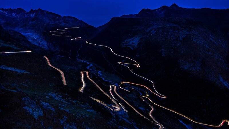 Winding Mountain Road — Blue, Dramatic, Night, Photograph