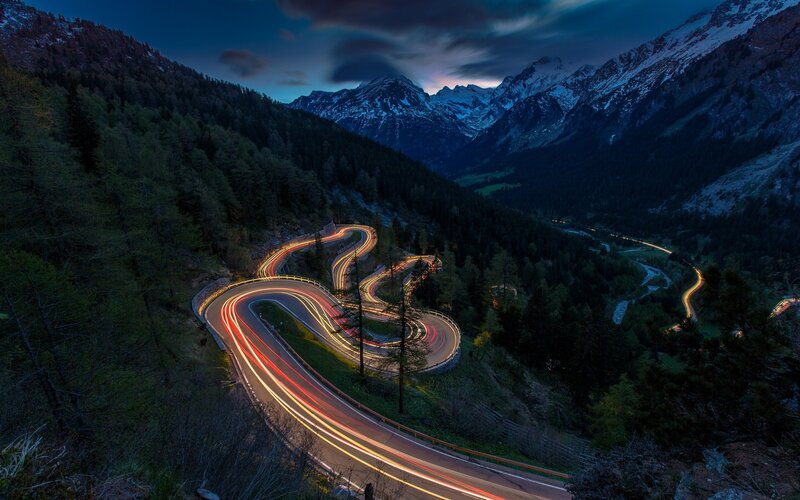Winding Mountain Road — Blue, Dramatic, Night