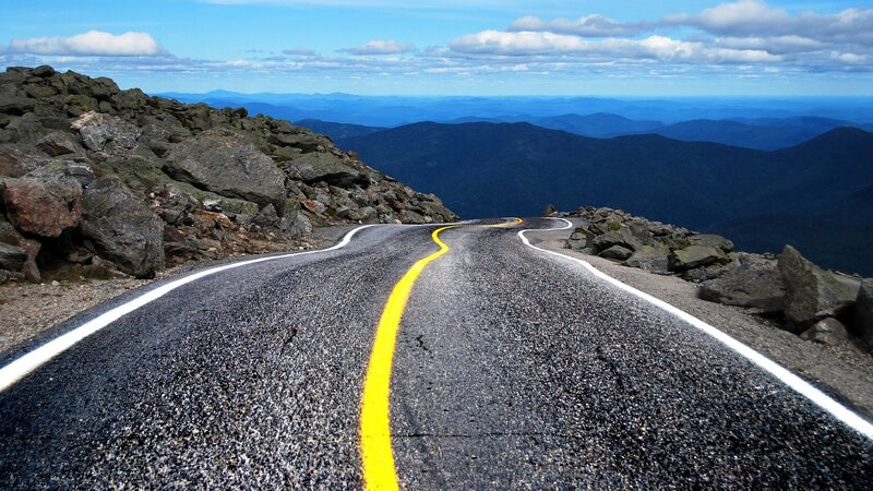 Winding Mountain Road — Blue, Serene, Afternoon, Photograph, Mountains, Sky, Rocks