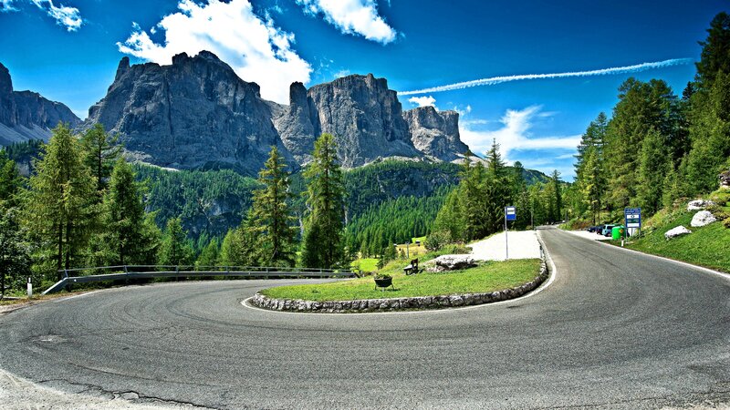 Winding Mountain Road — Blue, Serene, Afternoon, Photograph, Mountains, Trees