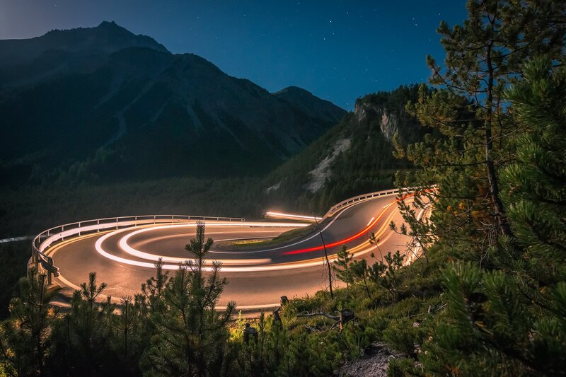 Winding Mountain Road — Blue, Serene, Night, Photograph