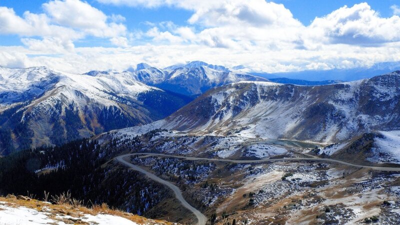 Winding Mountain Road — Blue, Serene, Winter, Photograph, Snow-covered Mountains