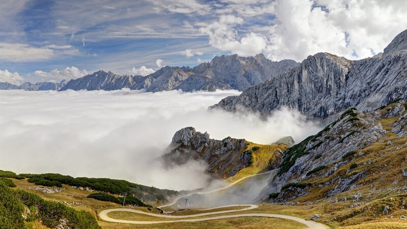 Winding Mountain Road — Gray, Dramatic, Afternoon, Photograph, Mountains