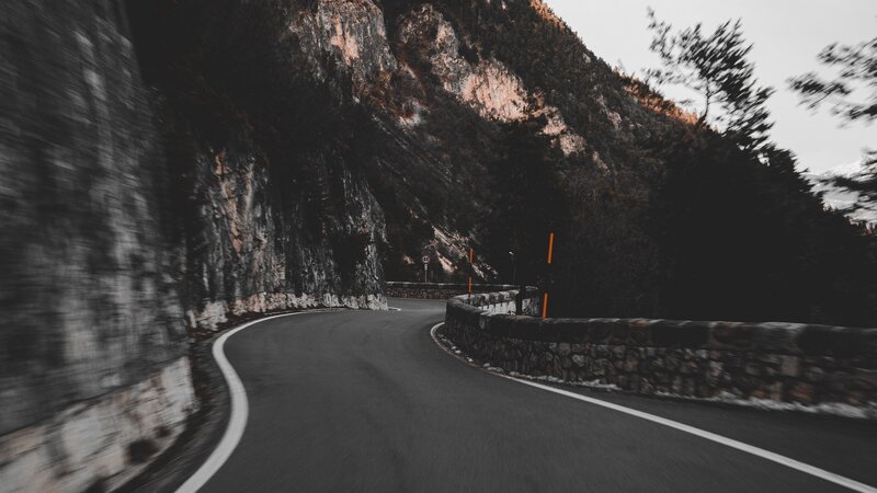 Winding Mountain Road — Gray, Dramatic, Afternoon, Photograph, Stone Wall