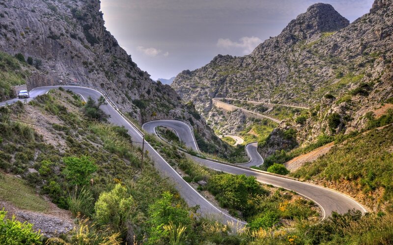 Winding Mountain Road — Green, Dramatic, Afternoon, Photograph, Car, Valley, Vegetation