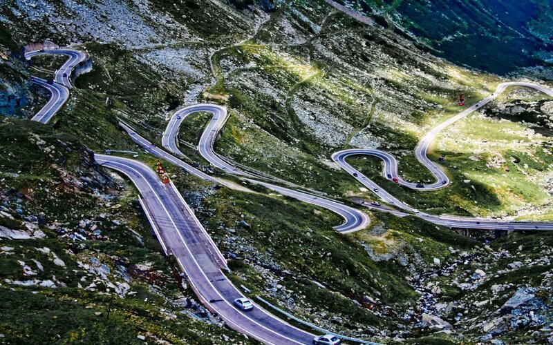 Winding Mountain Road — Green, Dramatic, Afternoon, Photograph, Cars
