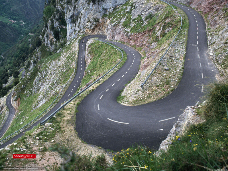 Winding Mountain Road — Green, Dramatic, Afternoon, Photograph, Guardrail