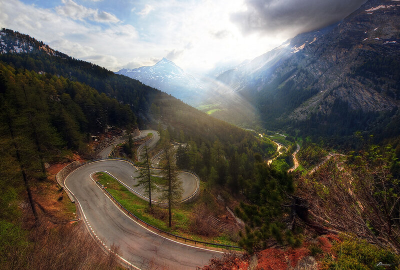 Winding Mountain Road — Green, Dramatic, Afternoon, Photograph, Mountains, Forest, Sunlight