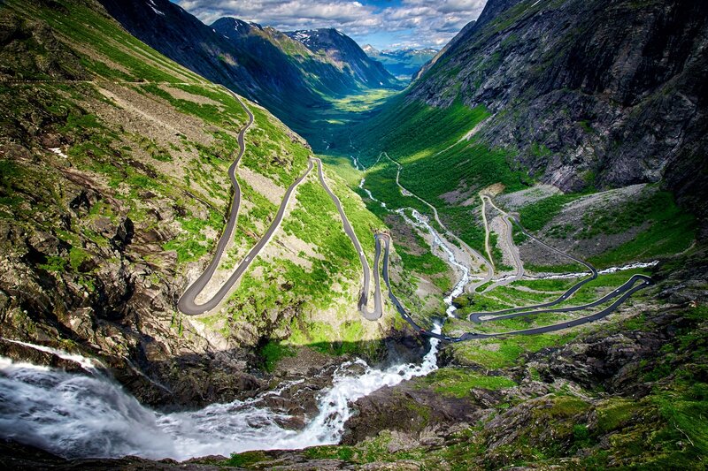 Winding Mountain Road — Green, Dramatic, Afternoon, Photograph, Mountains, River, Waterfall