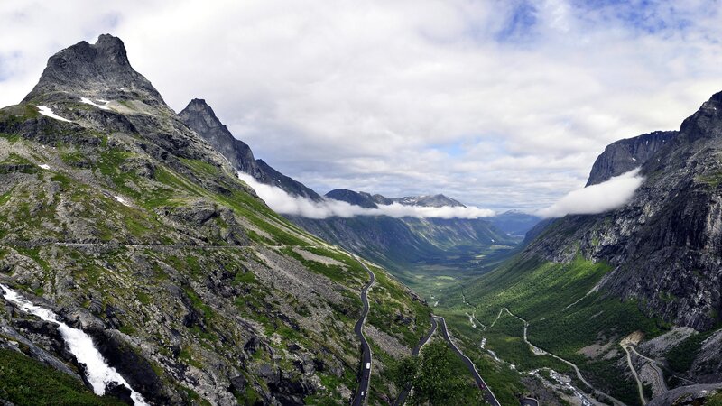 Winding Mountain Road — Green, Dramatic, Afternoon, Photograph, Mountains, Valley, Clouds, River
