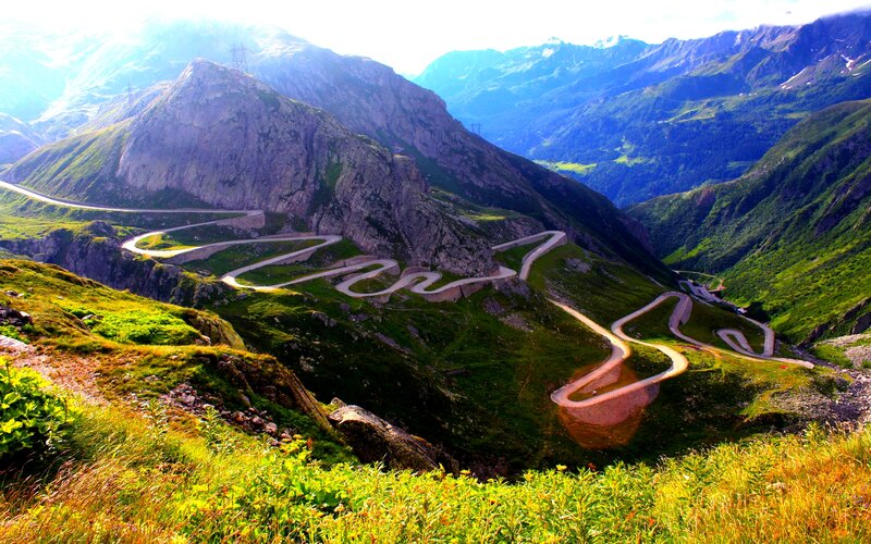 Winding Mountain Road — Green, Dramatic, Afternoon, Photograph, Mountains, Valley, Power Lines