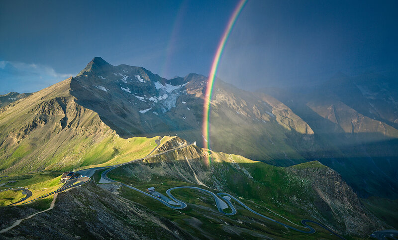 Winding Mountain Road — Green, Dramatic, Afternoon, Photograph, Rainbow