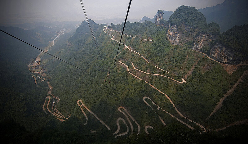 Winding Mountain Road — Green, Dramatic, Photograph, Cable Car