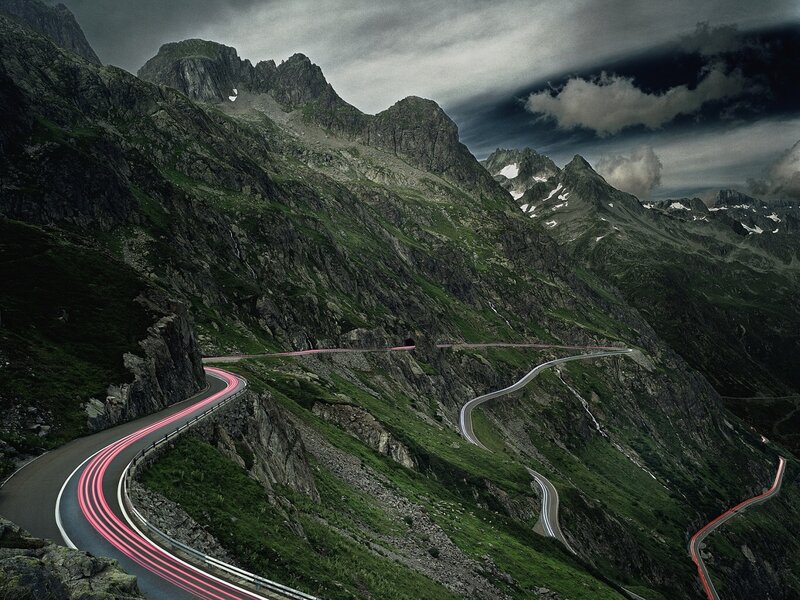 Winding Mountain Road — Green, Dramatic, Photograph, Mountains, Clouds