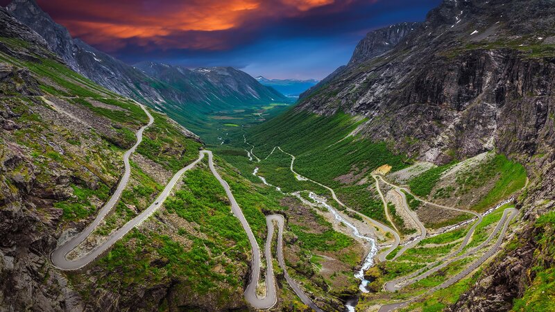 Winding Mountain Road — Green, Dramatic, Sunset, Photograph, Mountains, River
