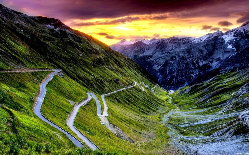 Winding Mountain Road — Green, Dramatic, Sunset, Photograph, Mountains, Sky
