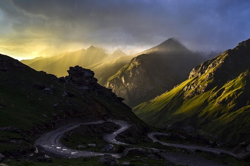 Winding Mountain Road — Green, Dramatic, Sunset, Photograph, Mountains