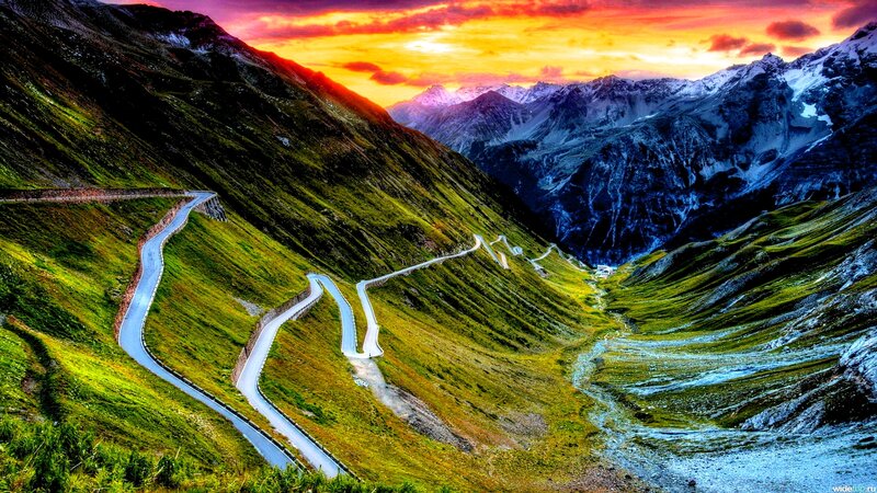Winding Mountain Road — Green, Dramatic, Sunset, Photograph