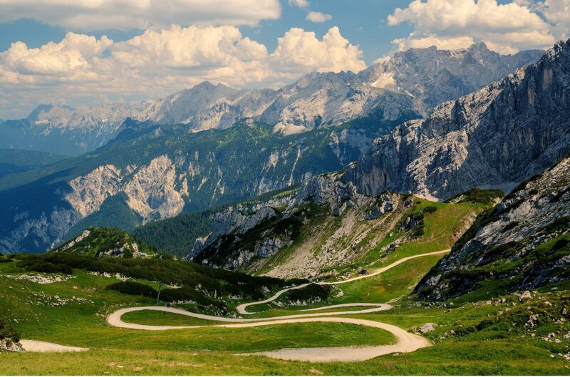 Winding Mountain Road — Green, Serene, Afternoon, Photograph, Mountains, Clouds