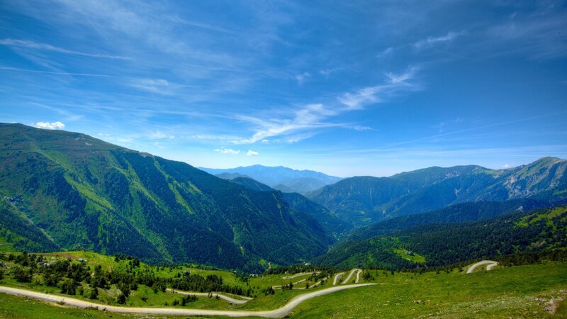 Winding Mountain Road — Green, Serene, Afternoon, Photograph, Mountains, Valley, Sky