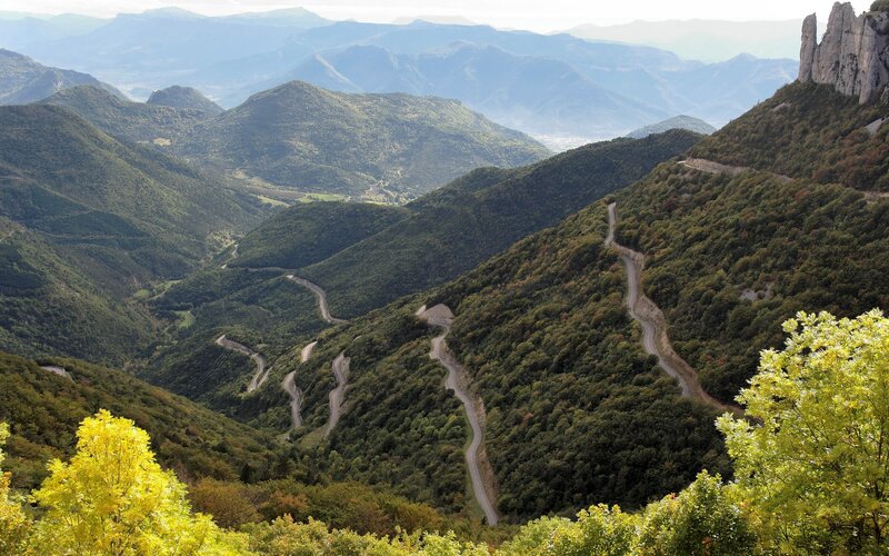 Winding Mountain Road — Green, Serene, Autumn, Photograph, Mountains, Forest